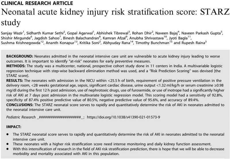 Neonatal acute kidney injury risk stratification score: STARZ study