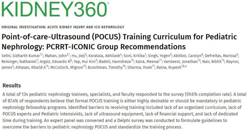 Point of Care Ultrasound Training Curriculum for Pediatric Nephrology Fellows publication in Kidney360 journal