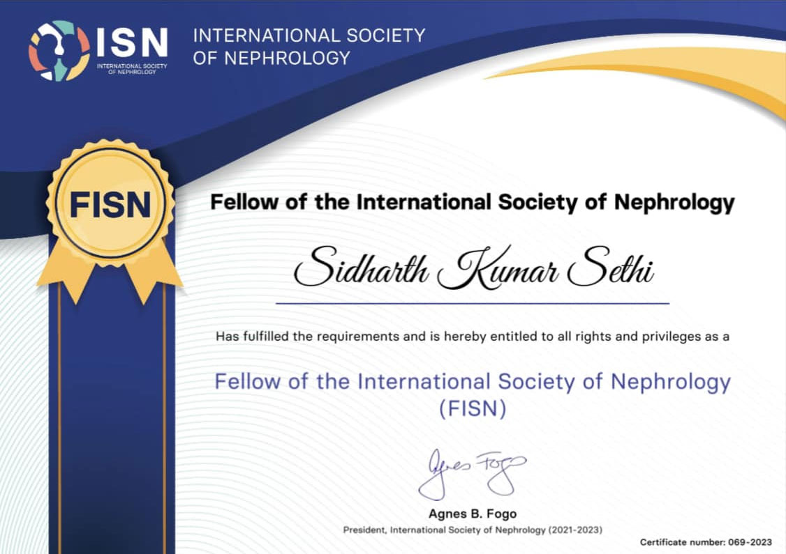 Thanks The International Society of Nephrology (ISN) for giving me the honour of FISN (Fellow of International Society of Nephrology) this year at World Congress of Nephrology, Thailand. Thanks for recognising the efforts in the field of Pediatric Nephrology !