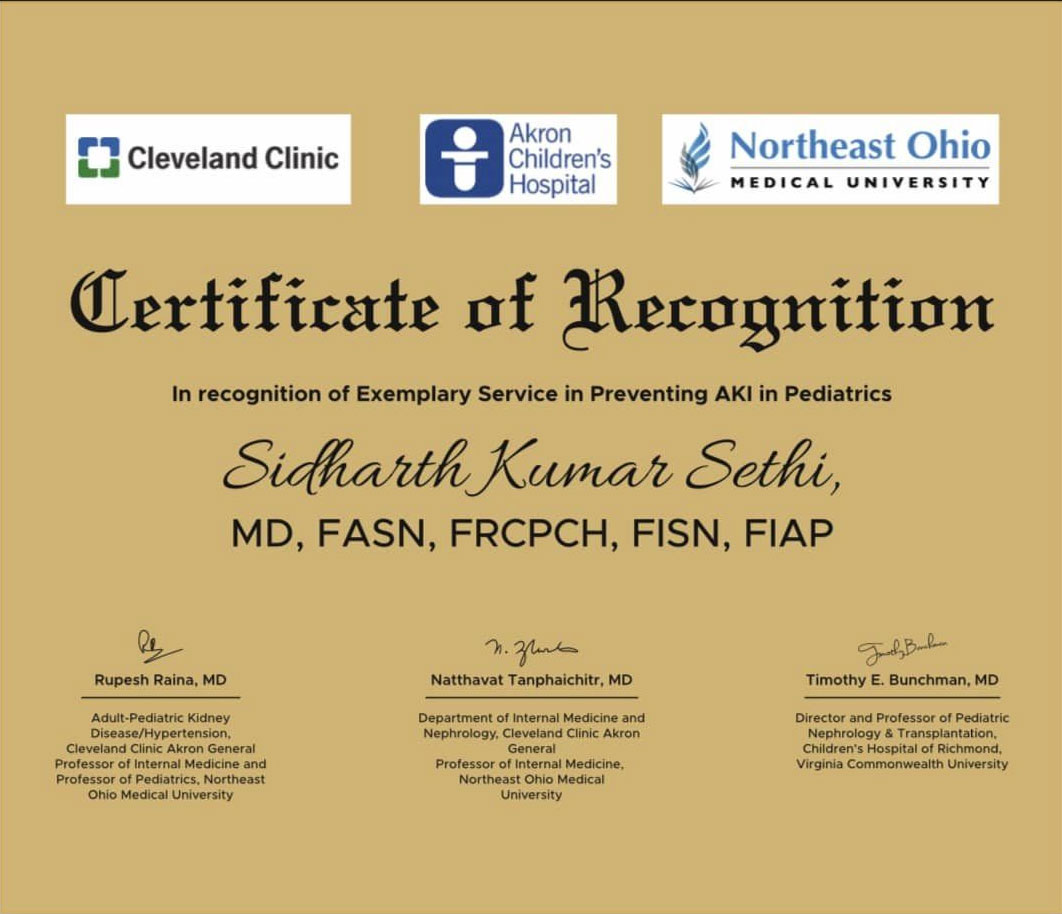 Happy to share that I was awarded by Cleveland Clinic & Akron Children’s Hospital, USA for my work in Critical Care Pediatric Nephrology ! 